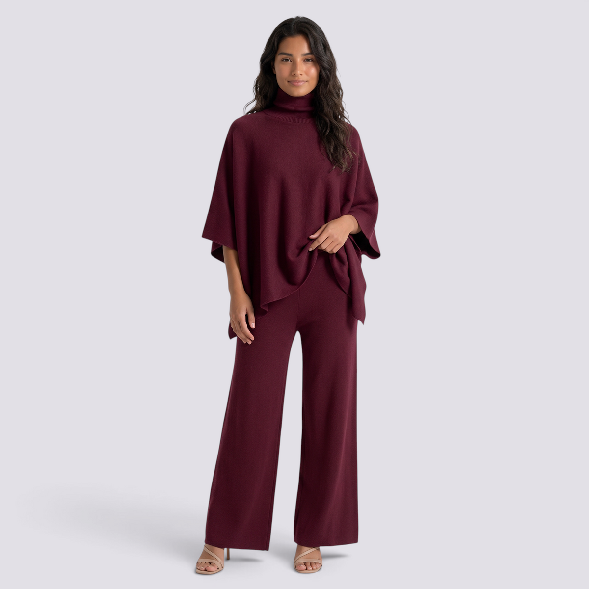 Conjunto Poncho Punto Mujer Pantalón Ancho - Burdeos - vista frontal