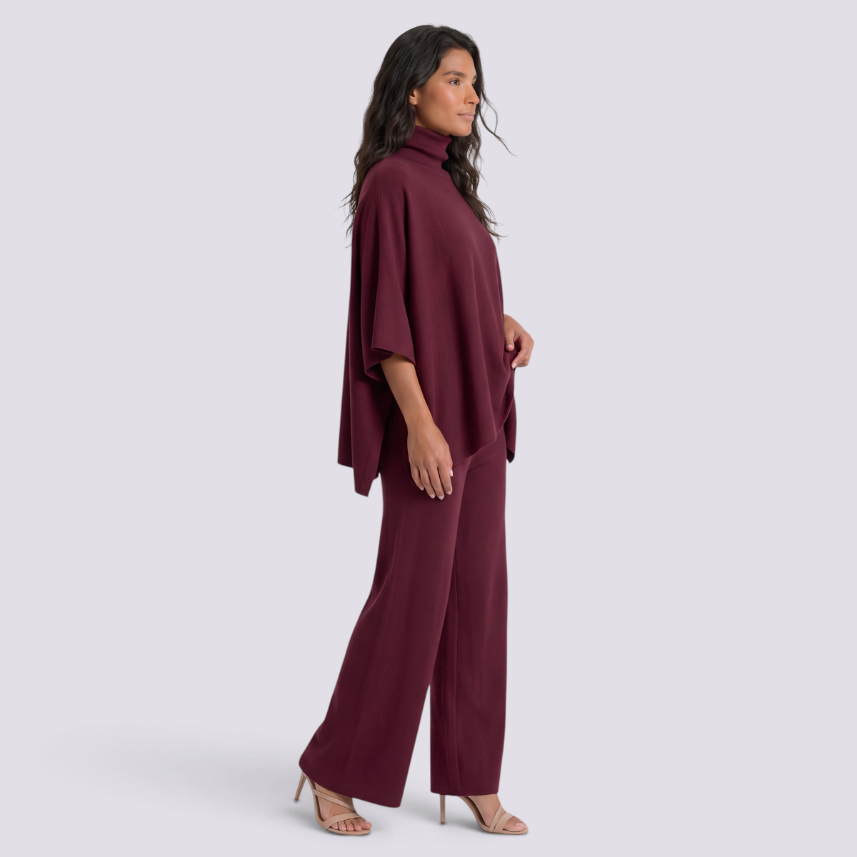 Conjunto Poncho Punto Mujer Pantalón Ancho - Burdeos - vista lateral