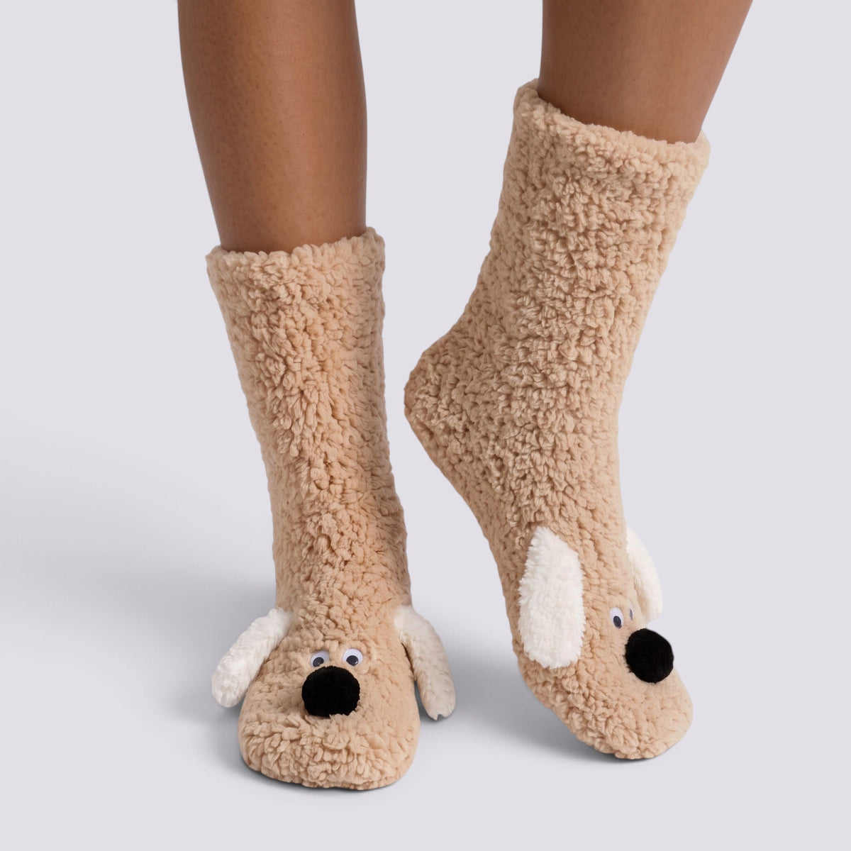 Calcetines altos de casa mujer perrito en beige, vista frontal