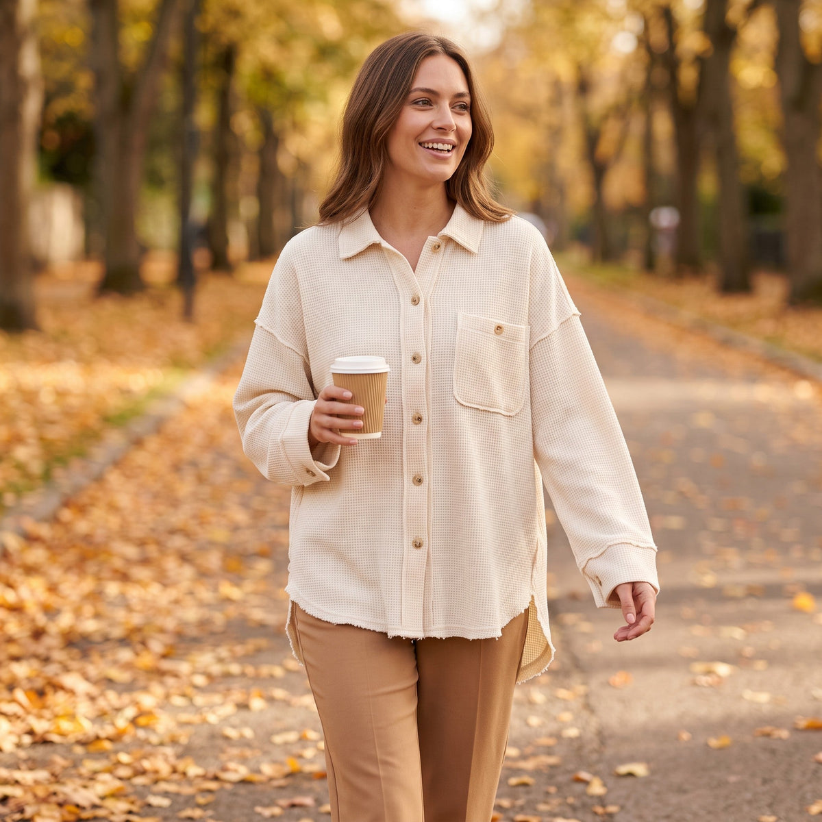 Mujer paseando en otoño con camisa oversize de textura gofre