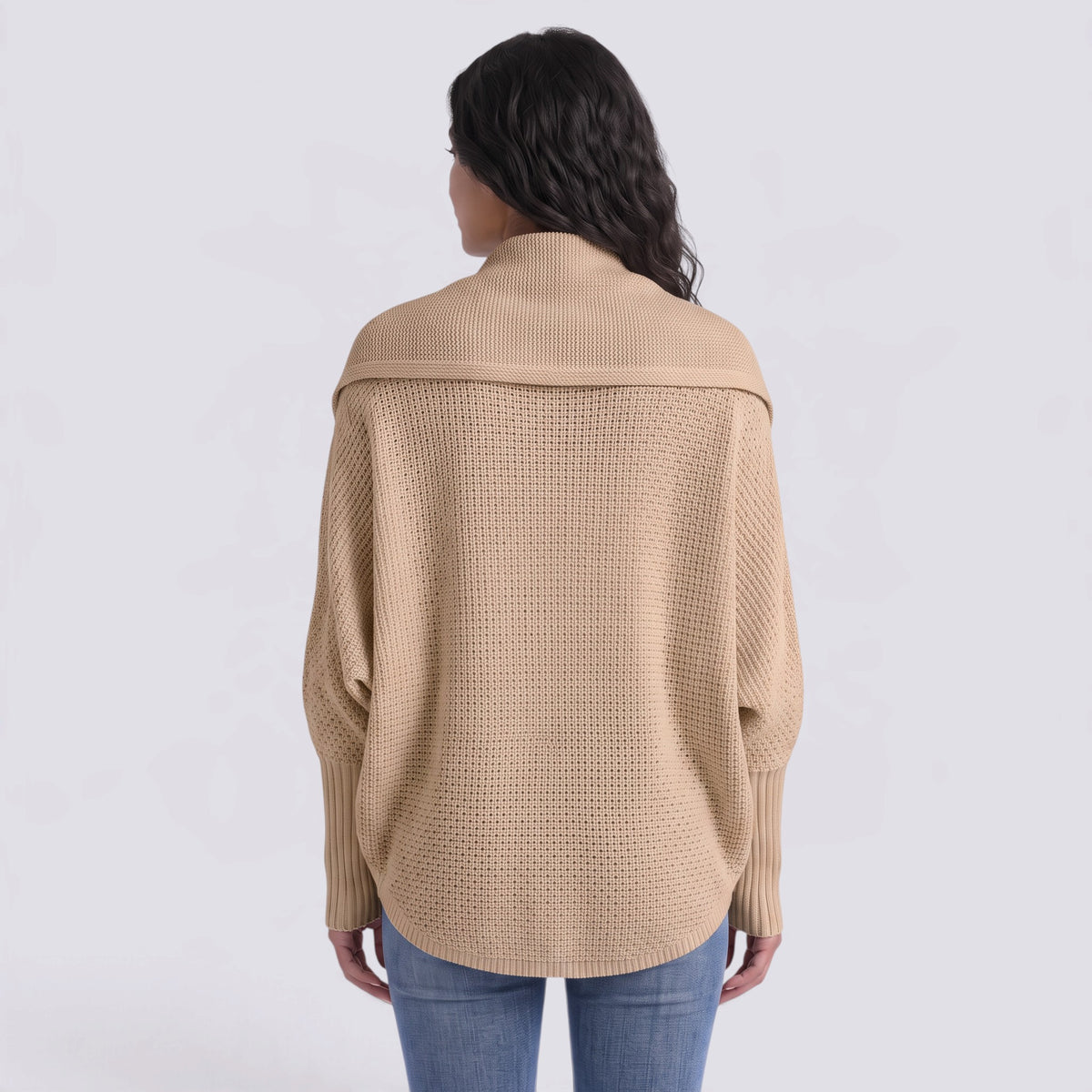 Cárdigan mujer abierto de punto con manga murciélago y cuello chal en color caqui, vista trasera