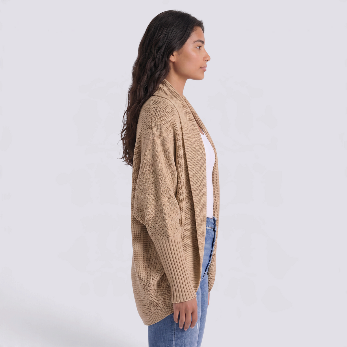 Cárdigan mujer abierto de punto con manga murciélago y cuello chal en color caqui, vista lateral