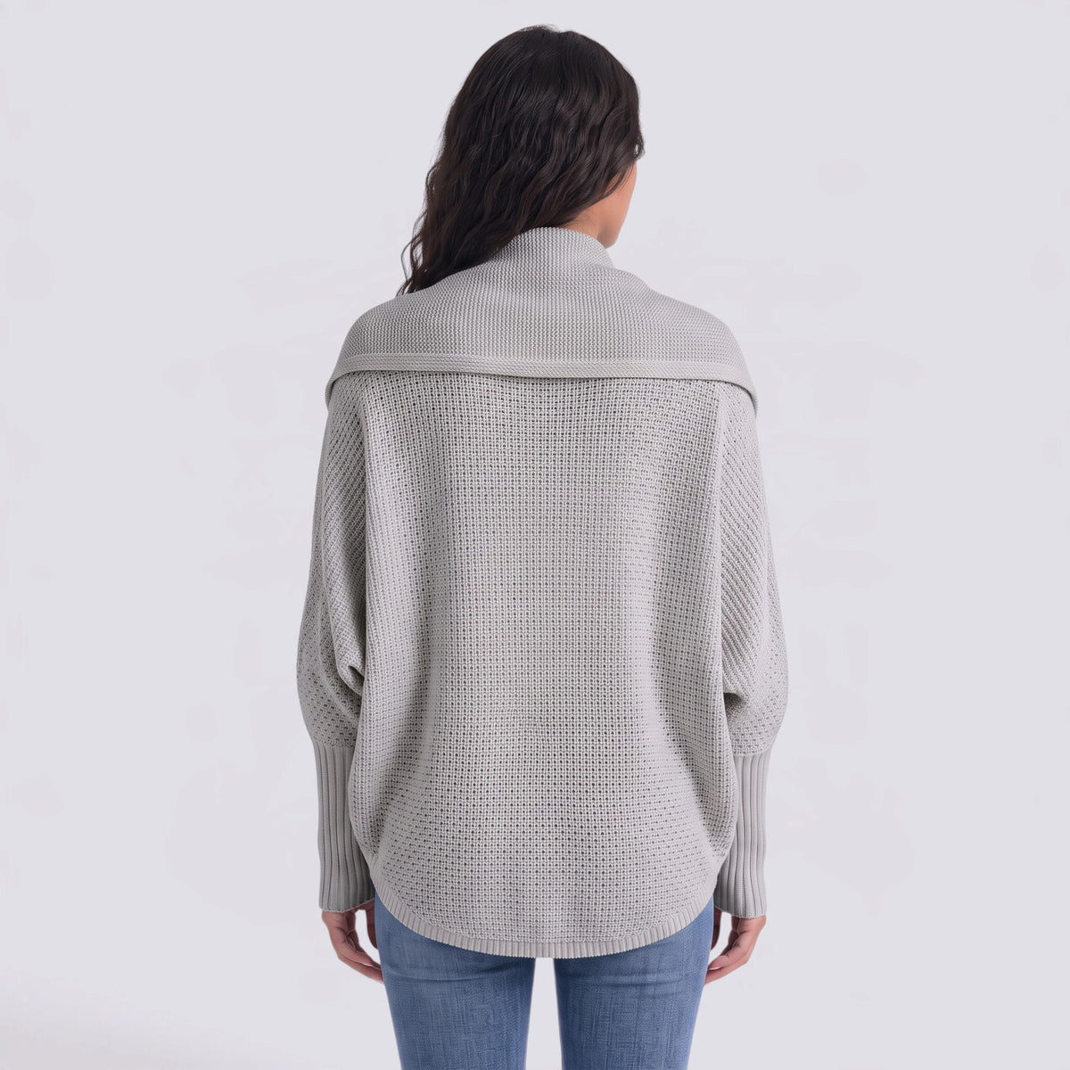 Cárdigan mujer abierto de punto con manga murciélago y cuello chal en color gris, vista trasera