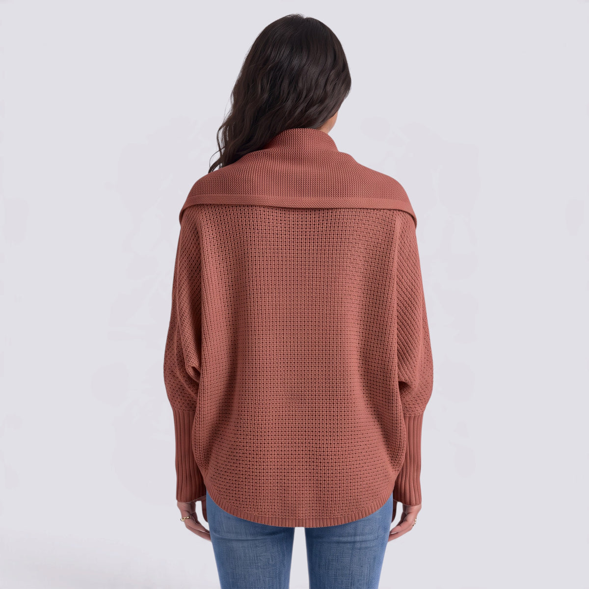 Cárdigan mujer abierto de punto con manga murciélago y cuello chal en color rojo, vista trasera