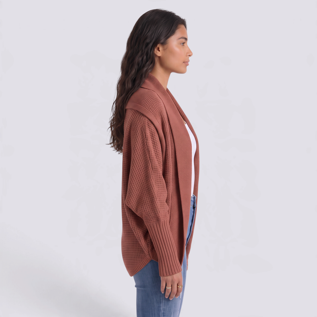 Cárdigan mujer abierto de punto con manga murciélago y cuello chal en color rojo, vista lateral