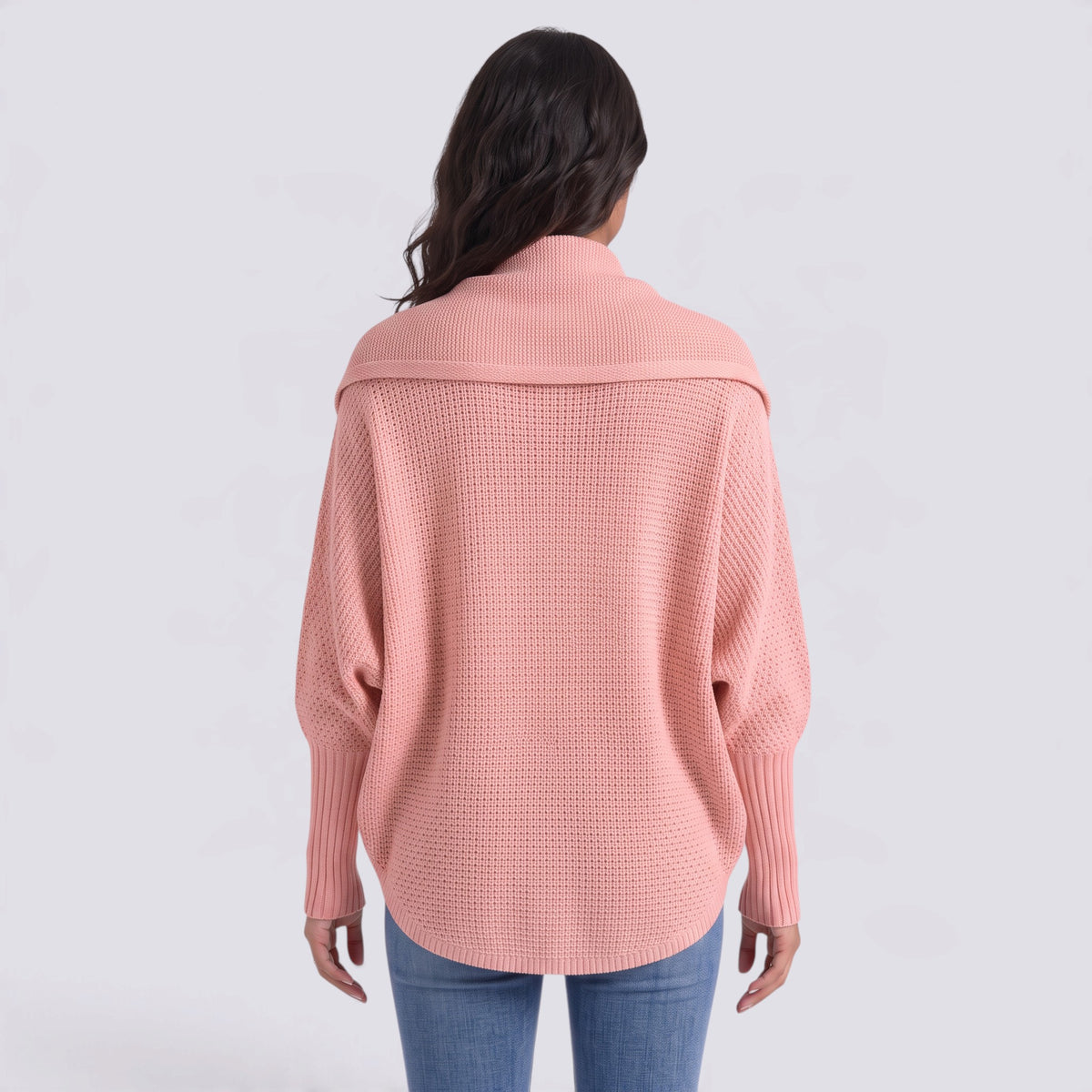 Cárdigan mujer abierto de punto con manga murciélago y cuello chal en color rosa, vista trasera