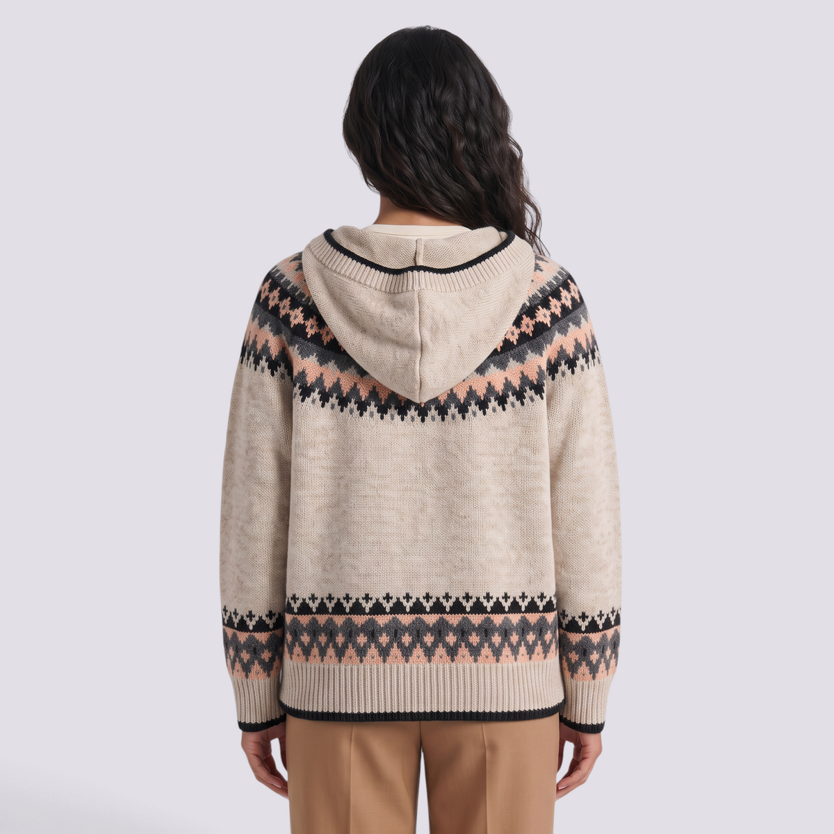 Cárdigan mujer jacquard nórdico con capucha en beige y negro, vista trasera