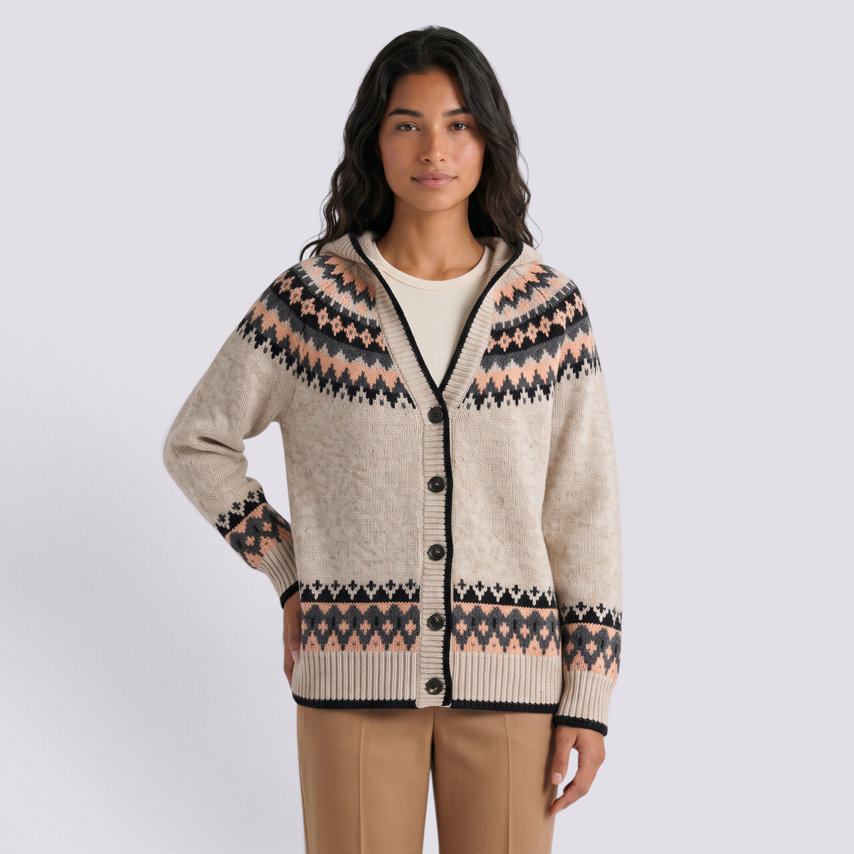 Cárdigan mujer jacquard nórdico con capucha en beige y negro, vista frontal