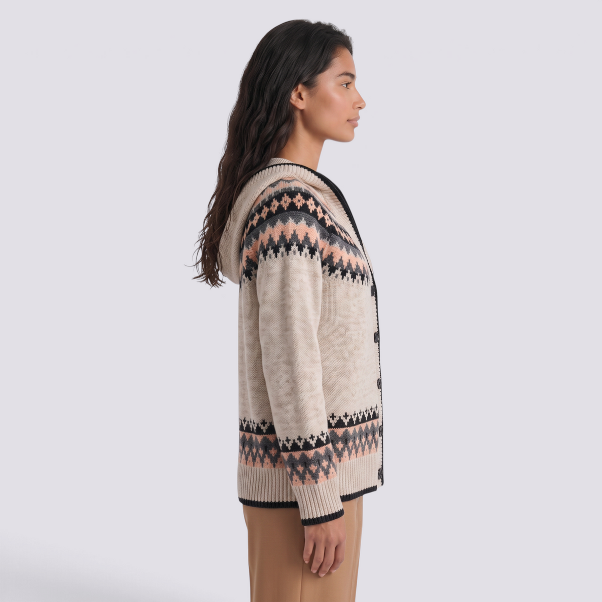 Cárdigan mujer jacquard nórdico con capucha en beige y negro, vista lateral