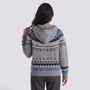 Cárdigan mujer jacquard nórdico con capucha en gris y azul, vista trasera