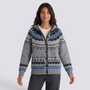 Cárdigan mujer jacquard nórdico con capucha en gris y azul, vista frontal