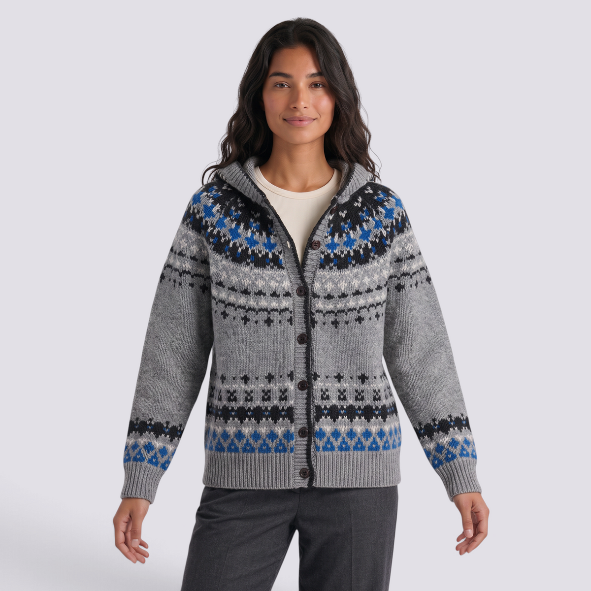 Cárdigan mujer jacquard nórdico con capucha en gris y azul, vista frontal