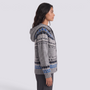 Cárdigan mujer jacquard nórdico con capucha en gris y azul, vista lateral