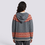 Cárdigan mujer jacquard nórdico con capucha en gris y rojo, vista trasera