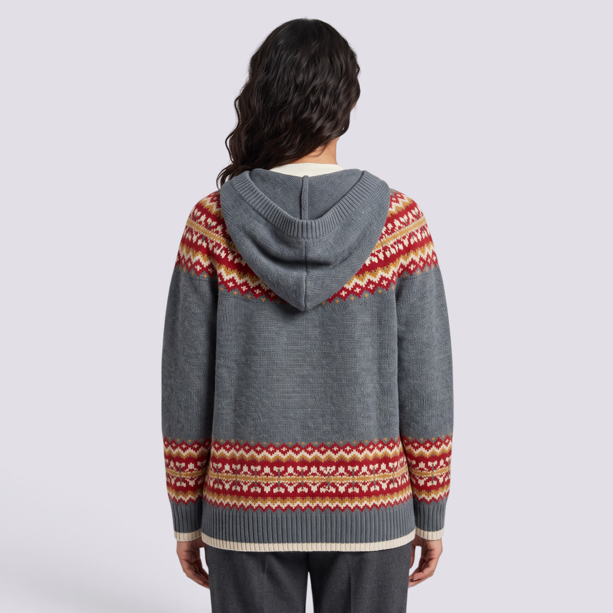 Cárdigan mujer jacquard nórdico con capucha en gris y rojo, vista trasera