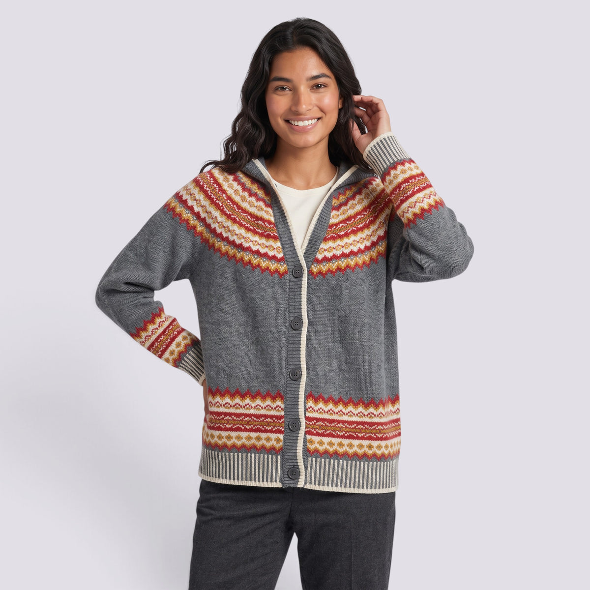 Cárdigan mujer jacquard nórdico con capucha en gris y rojo, vista frontal