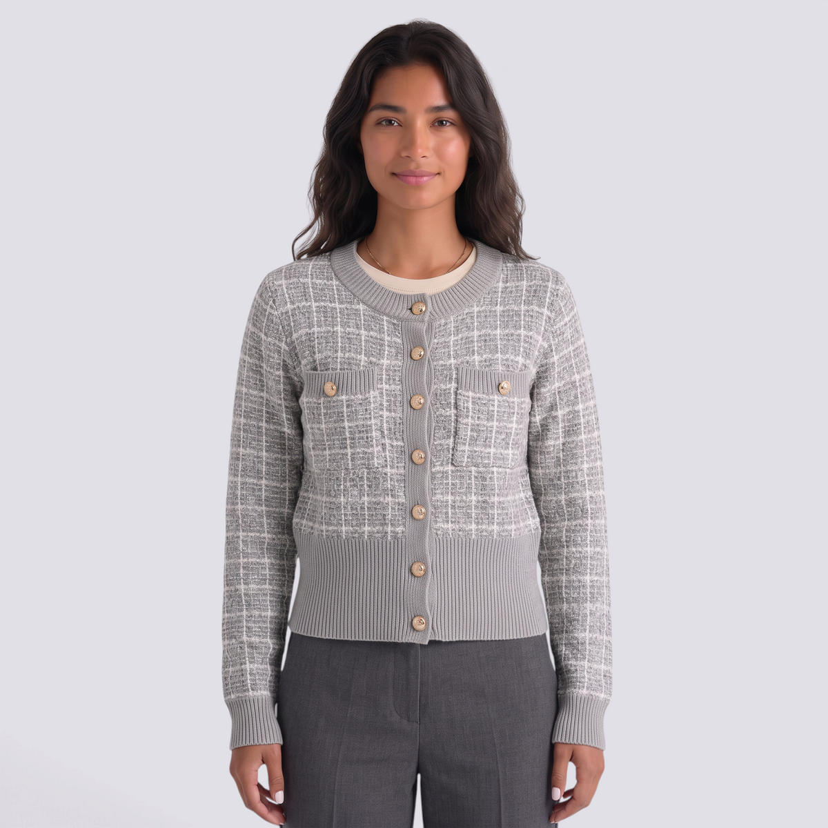 Cárdigan mujer efecto tweed con botones dorados en color gris, vista frontal