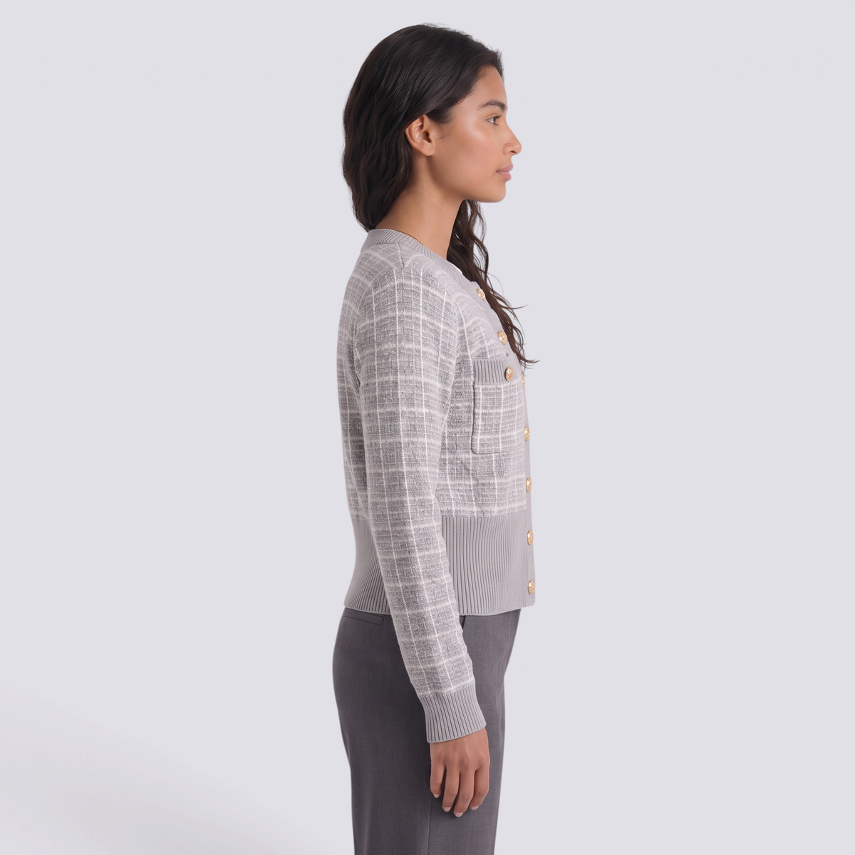 Cárdigan mujer efecto tweed con botones dorados en color gris, vista lateral