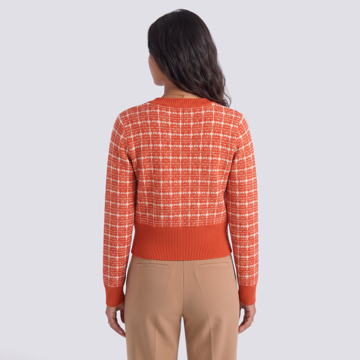 Cárdigan mujer efecto tweed con botones dorados en color naranja, vista trasera