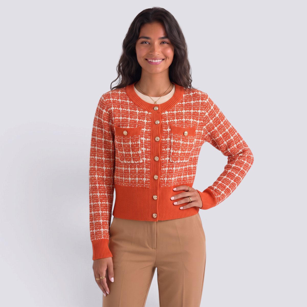 Cárdigan mujer efecto tweed con botones dorados en color naranja, vista frontal