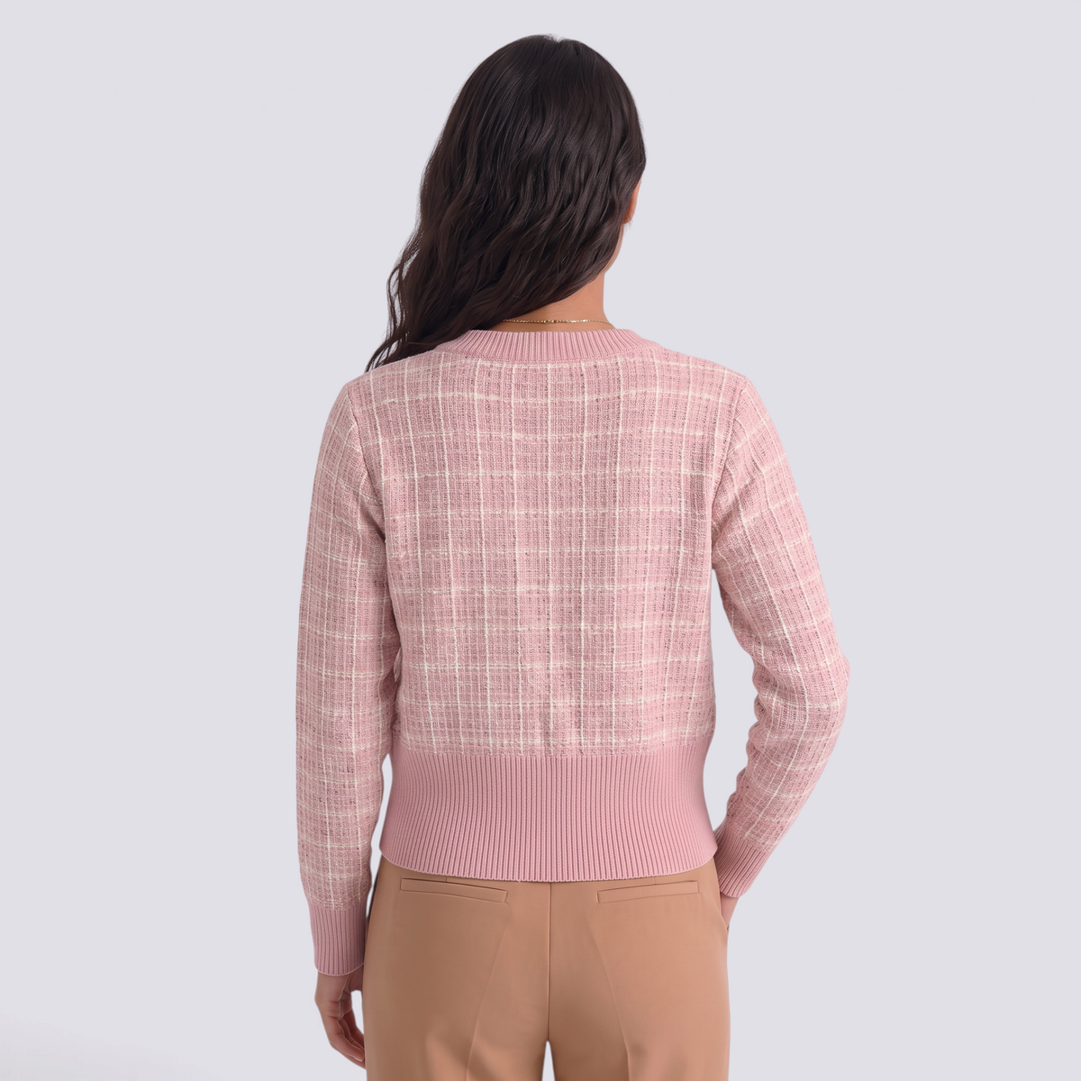 Cárdigan mujer efecto tweed con botones dorados en color rosa, vista trasera