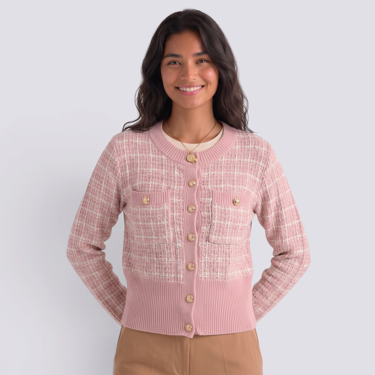 Cárdigan mujer efecto tweed con botones dorados en color rosa, vista frontal