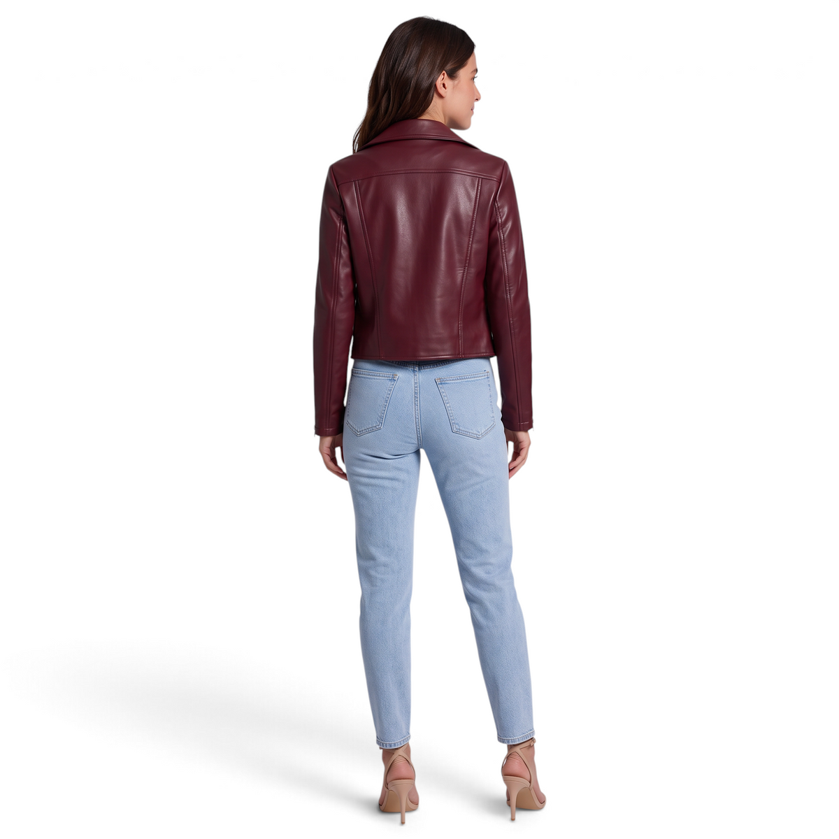 Cazadora biker corta efecto piel en burdeos para mujer, vista trasera