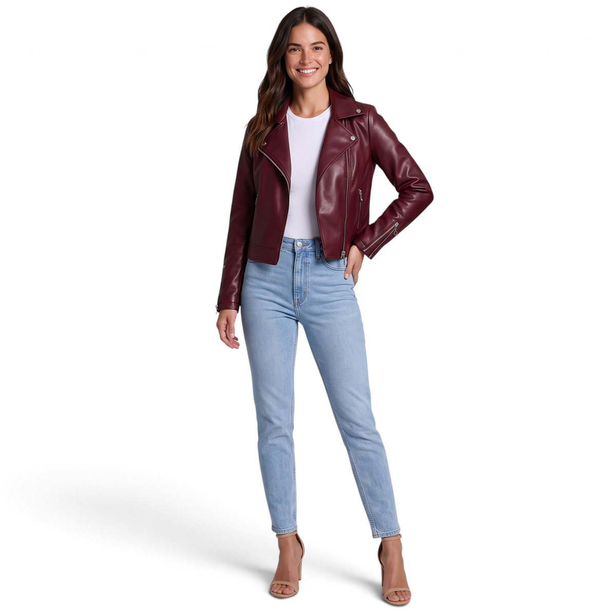 Cazadora biker corta efecto piel en burdeos para mujer, vista frontal