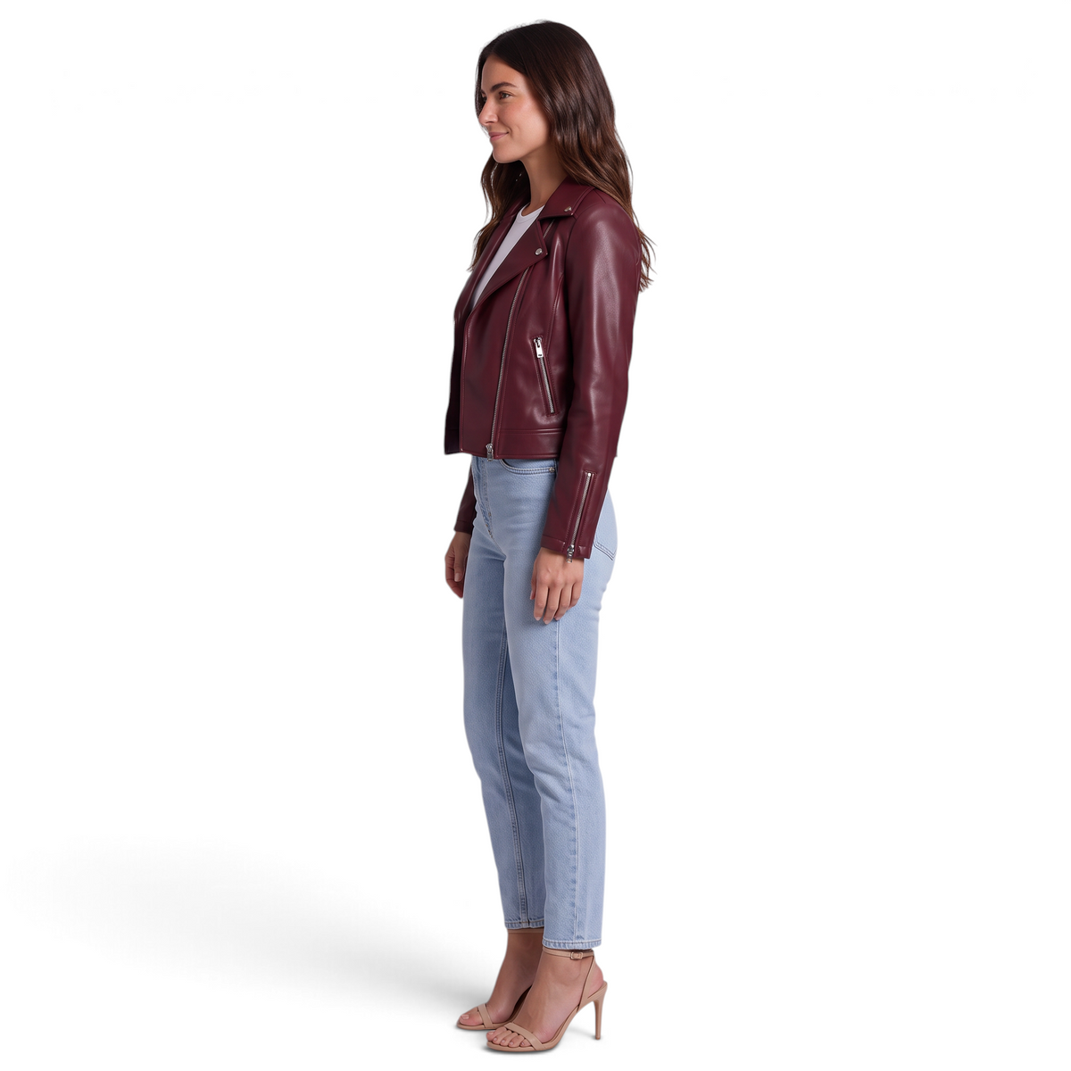 Cazadora biker corta efecto piel en burdeos para mujer, vista lateral