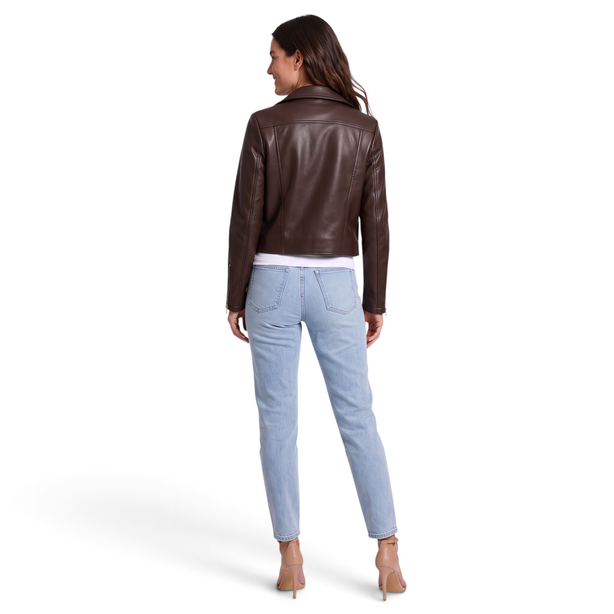 Cazadora biker corta efecto piel en marrón para mujer, vista trasera