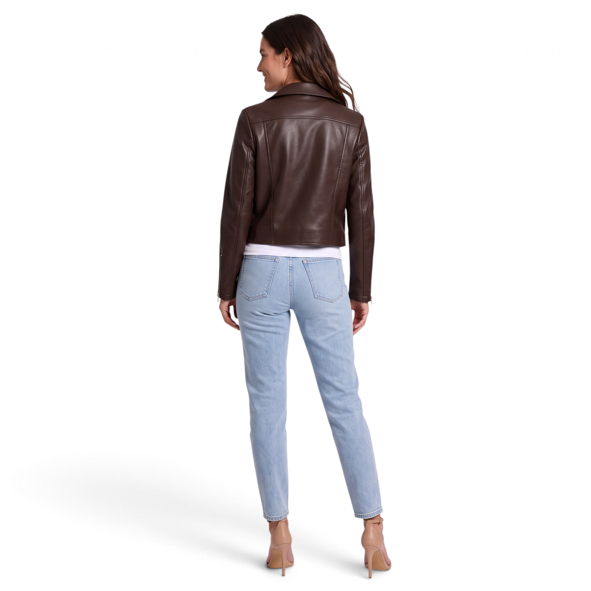 Cazadora biker corta efecto piel en marrón para mujer, vista trasera