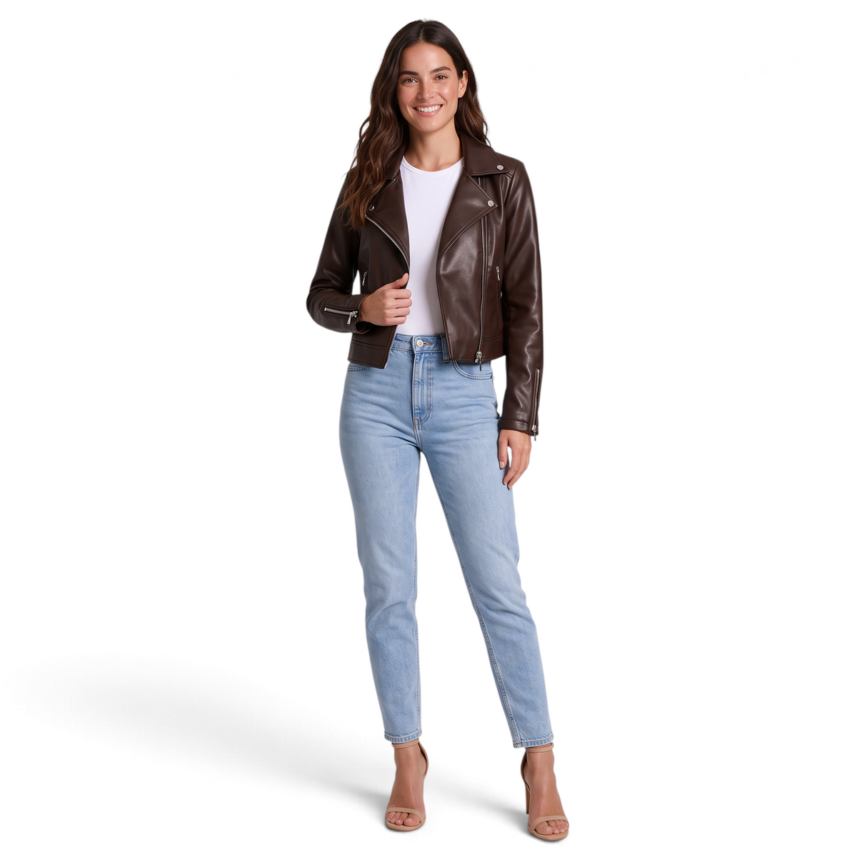 Cazadora biker corta efecto piel en marrón para mujer, vista frontal