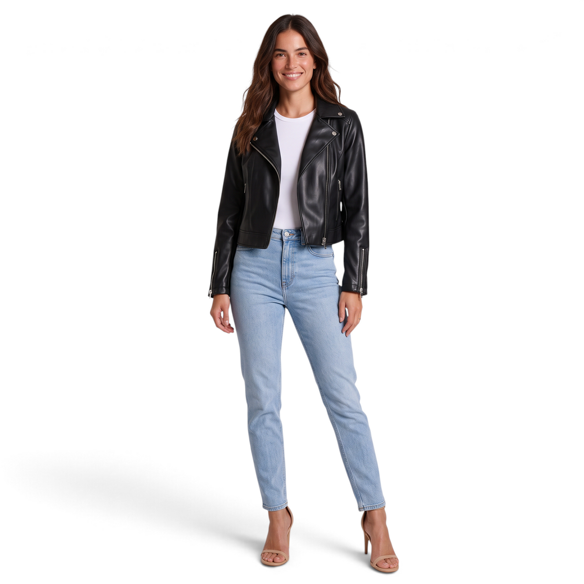 Cazadora biker corta efecto piel en negro para mujer, vista frontal