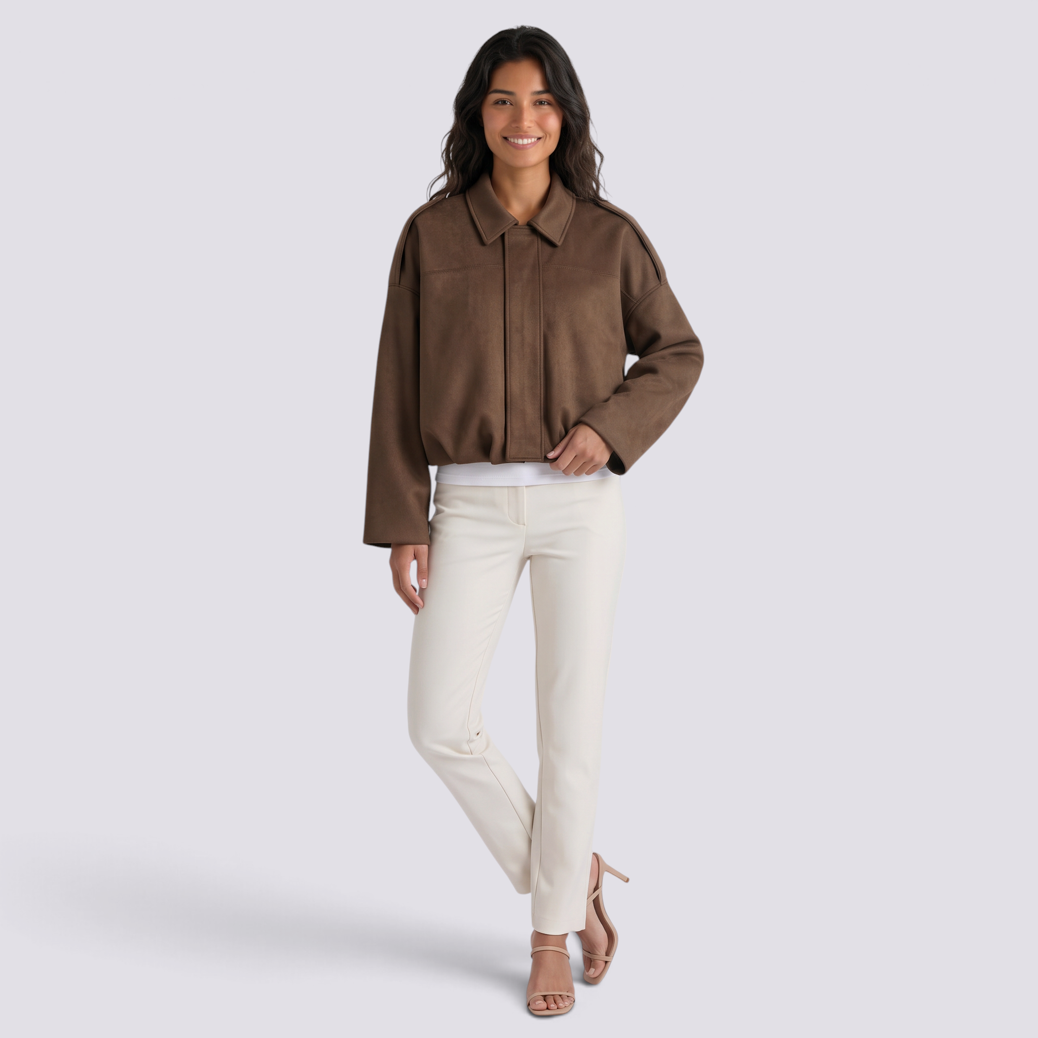 Cazadora bomber efecto ante en marrón para mujer, vista frontal