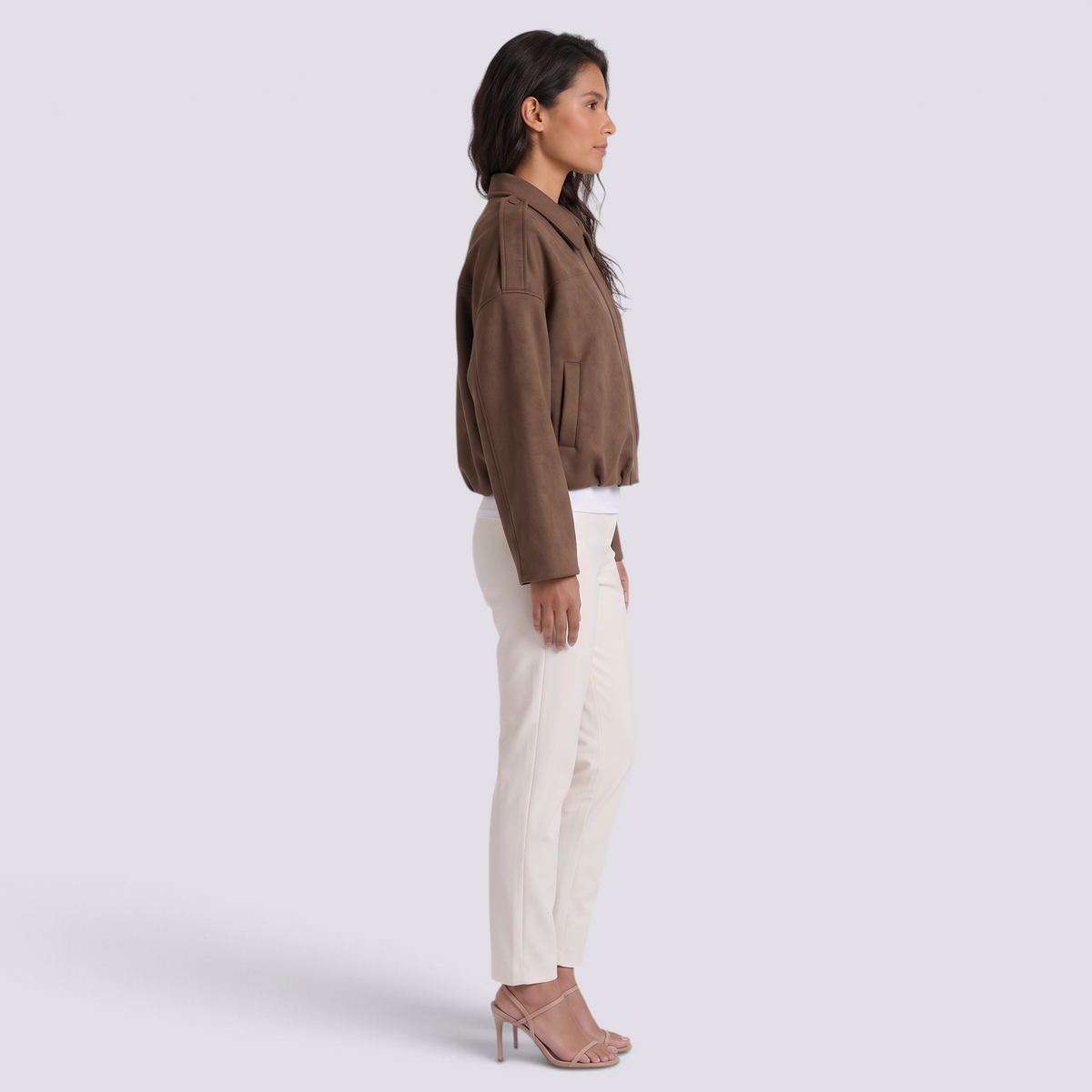 Cazadora bomber efecto ante en marrón para mujer, vista lateral
