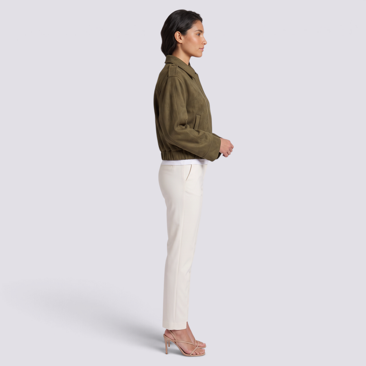 Cazadora bomber efecto ante en verde oliva para mujer, vista lateral