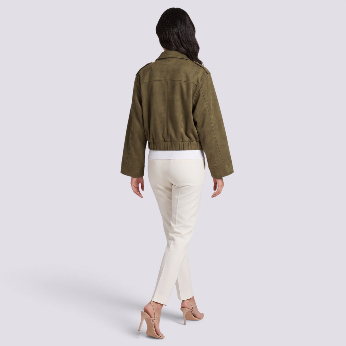 Cazadora bomber efecto ante en verde oliva para mujer, vista trasera