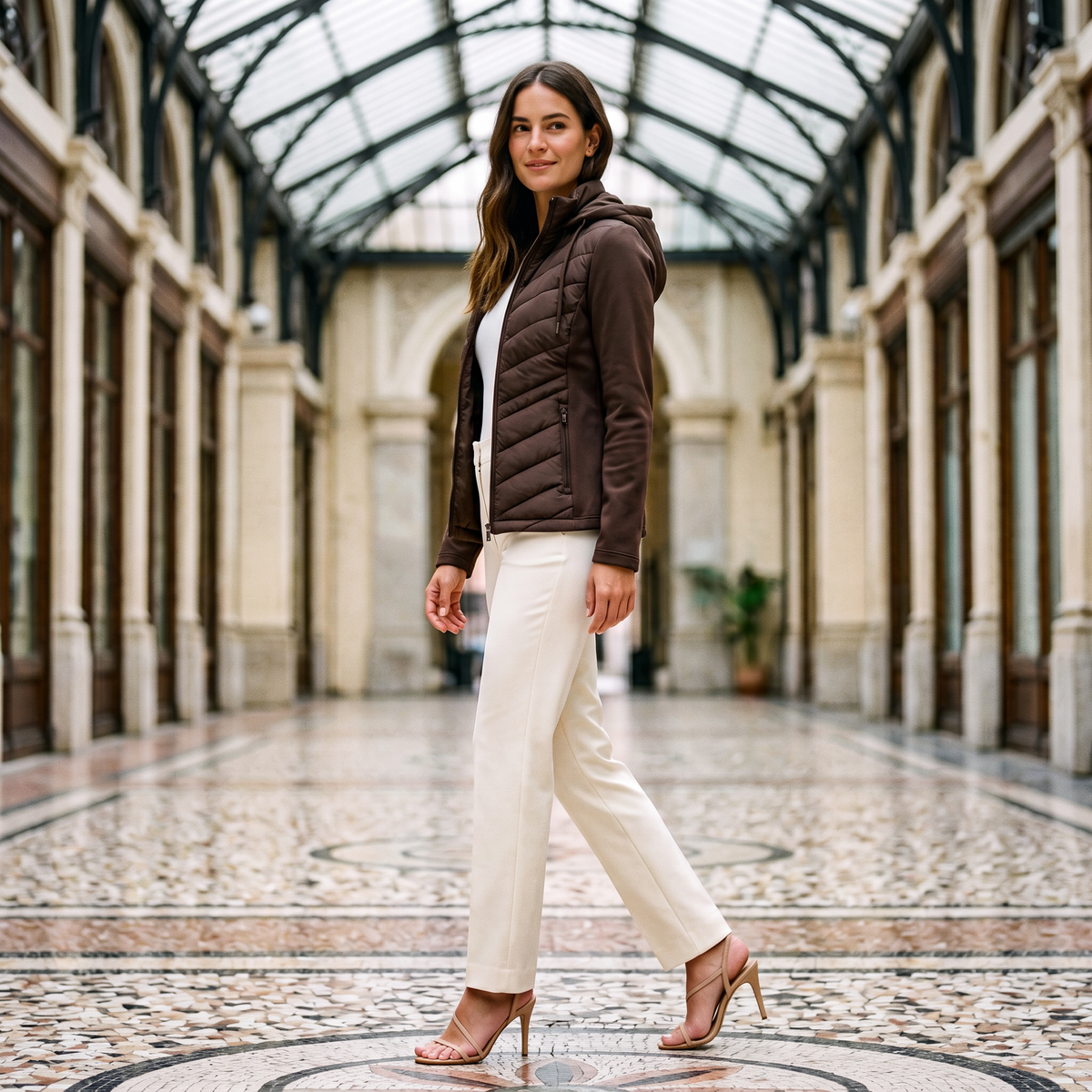 Mujer con chaqueta acolchada con capucha marrón y pantalón crema en una galería acristalada