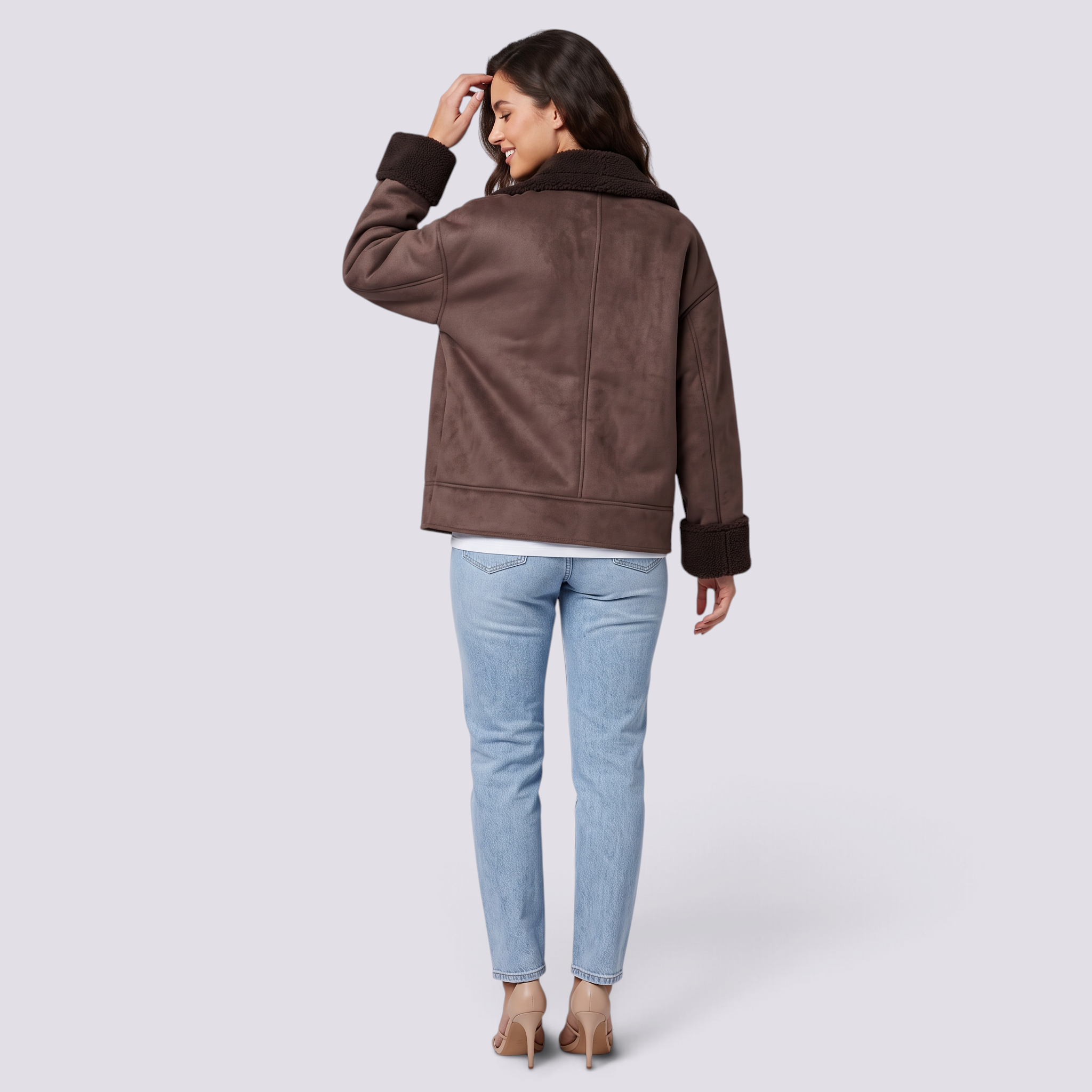Chaqueta holgada mujer efecto ante marrón con forro borreguito, vista trasera