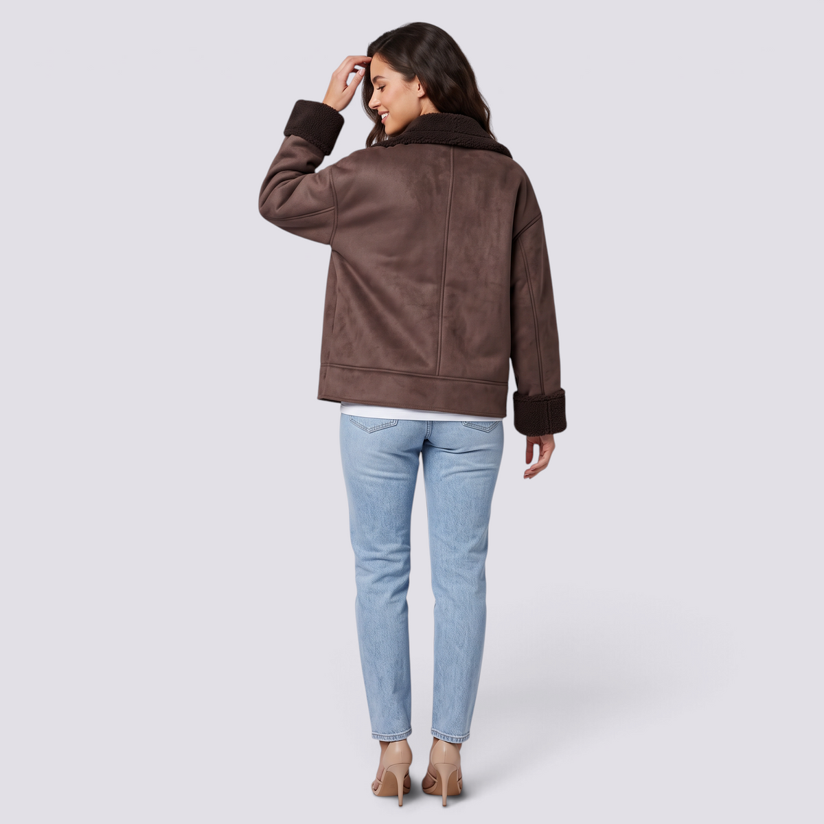 Chaqueta holgada mujer efecto ante marrón con forro borreguito, vista trasera