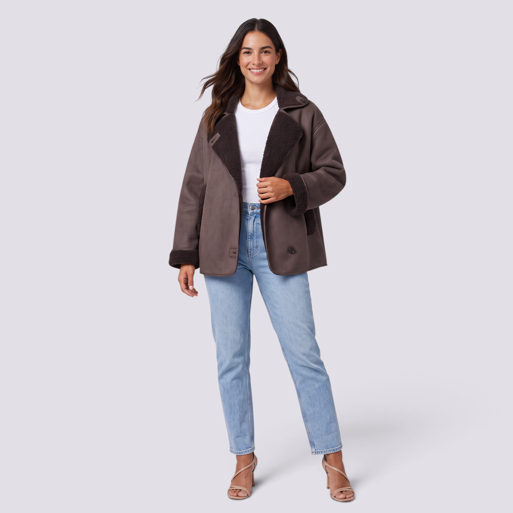 Chaqueta holgada mujer efecto ante marrón con forro borreguito, vista frontal