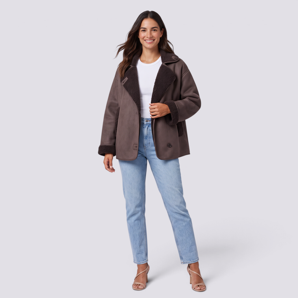 Chaqueta holgada mujer efecto ante marrón con forro borreguito, vista frontal