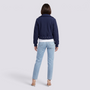 Chaqueta motera mujer corta azul marino con cinturón y cremallera, vista trasera