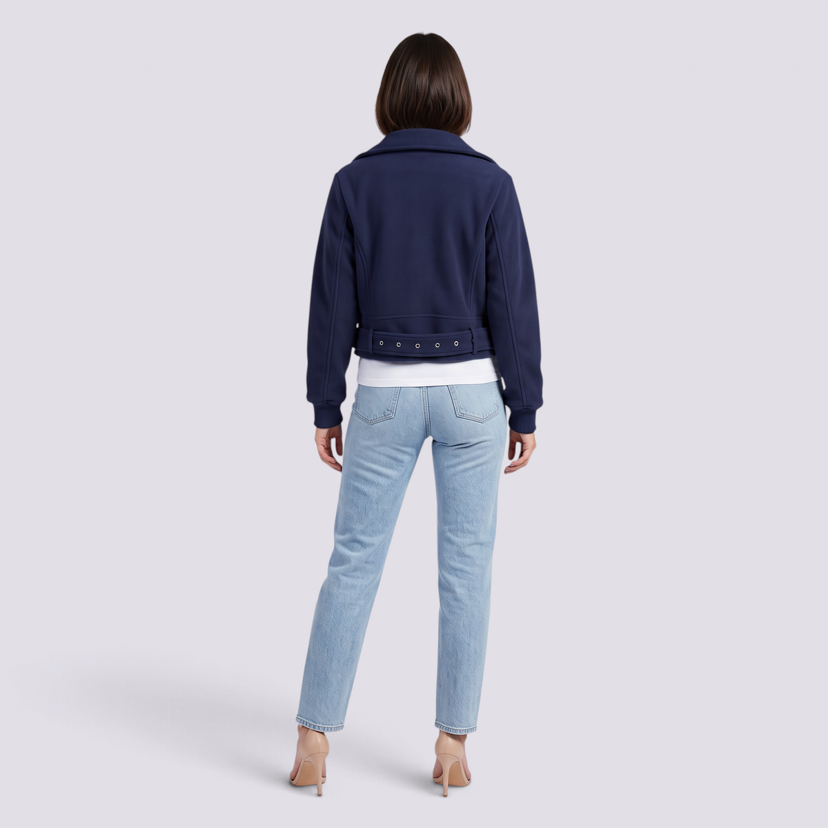 Chaqueta motera mujer corta azul marino con cinturón y cremallera, vista trasera