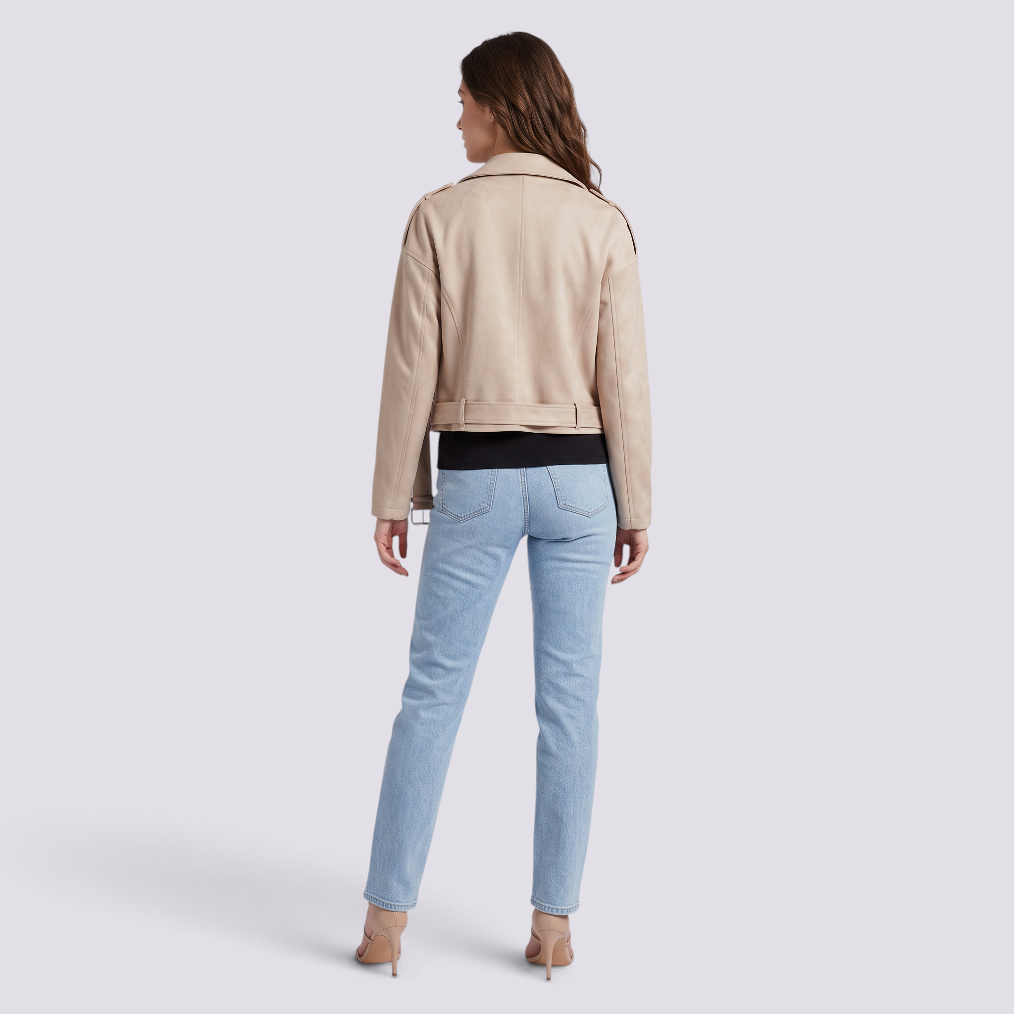 Chaqueta motera de mujer efecto ante con cinturón y solapas color albaricoque, vista trasera