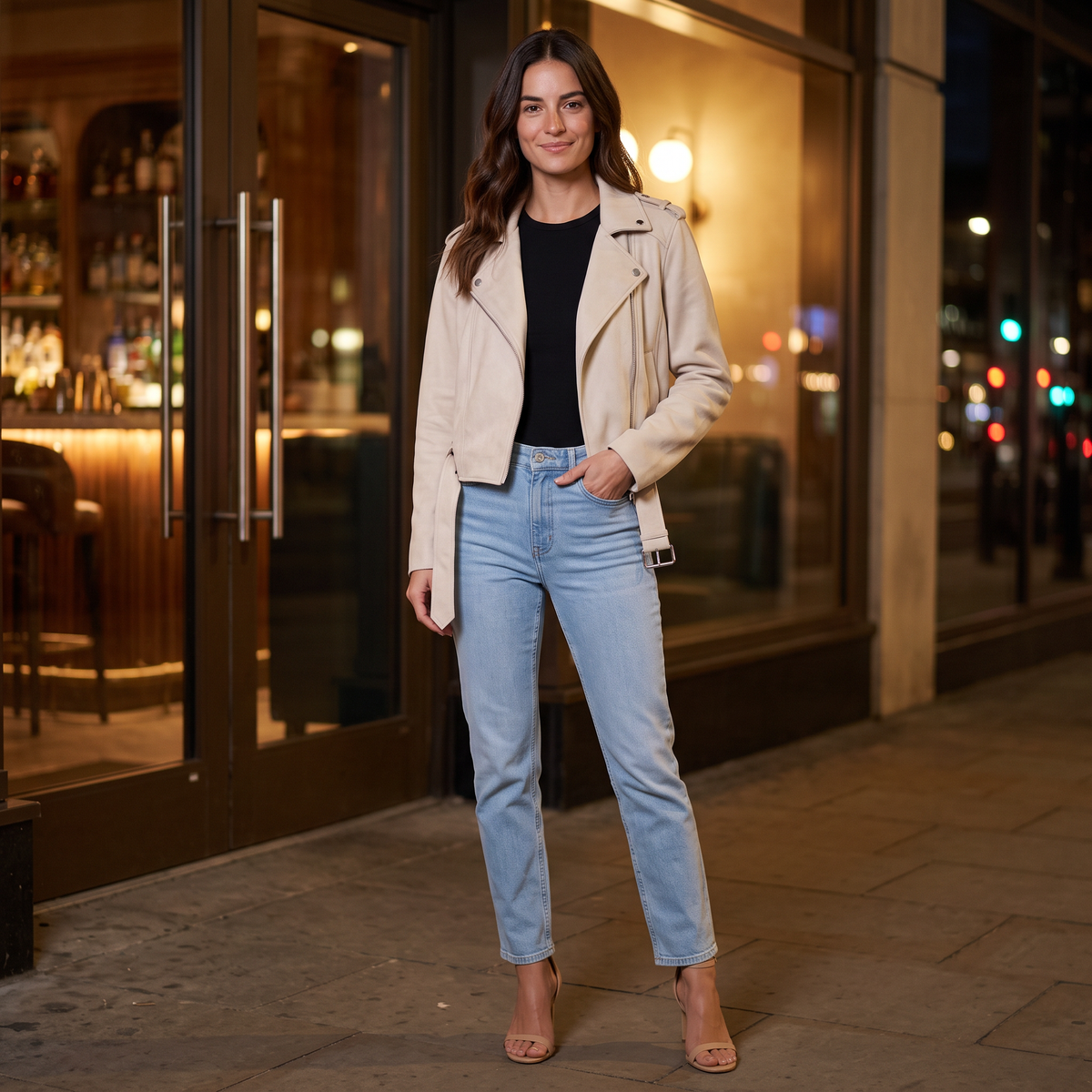 Chaqueta motera de mujer efecto ante con cinturón y solapas color albaricoque, look nocturno a la puerta de un bar de cócteles