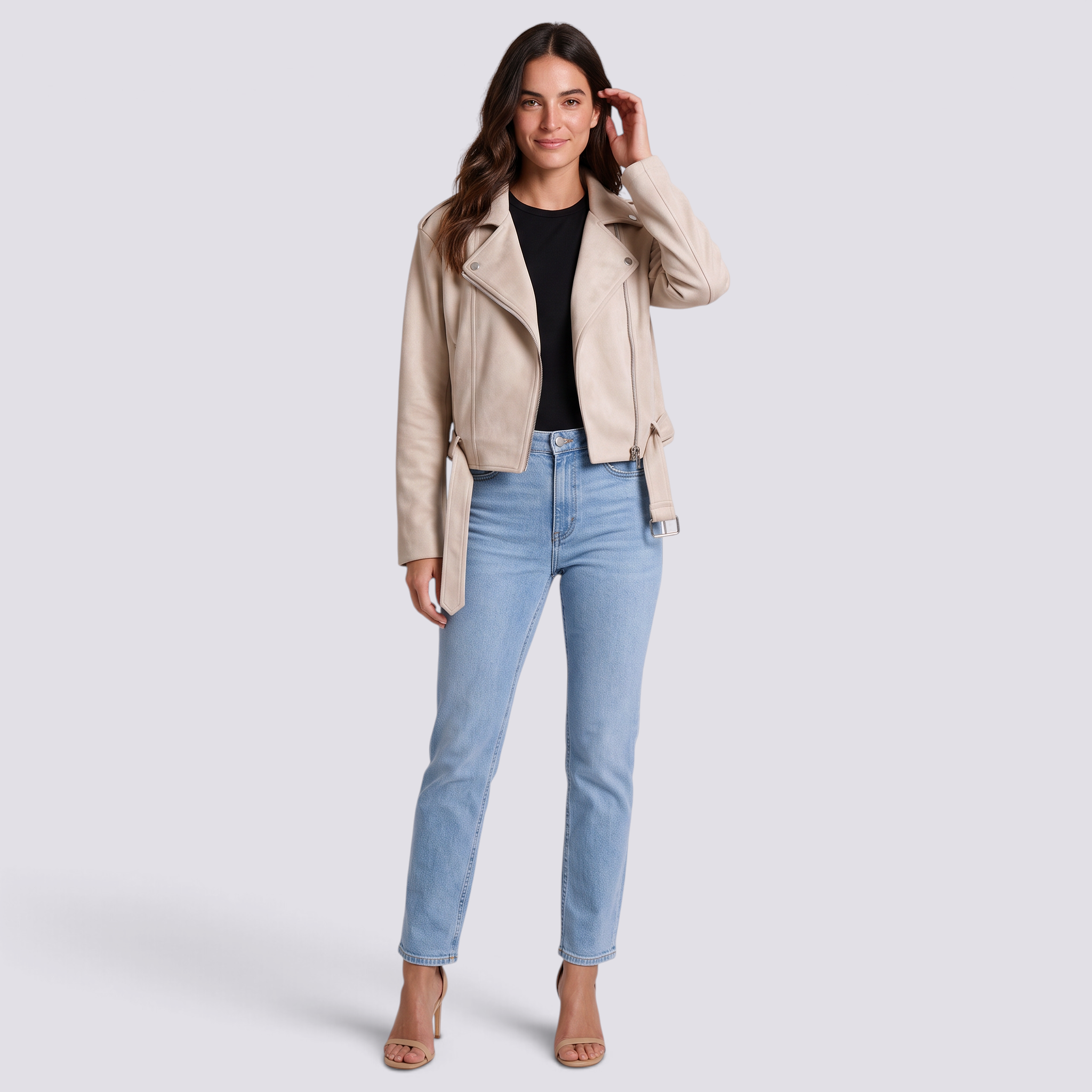 Chaqueta motera mujer efecto ante albaricoque con cinturón y solapas, vista frontal