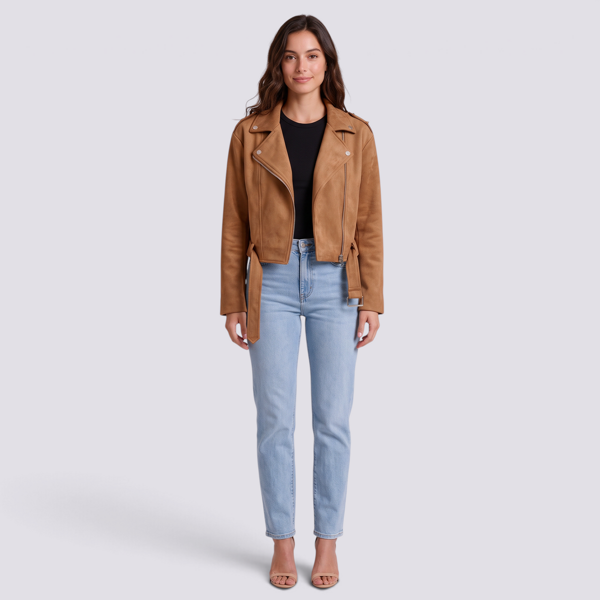 Chaqueta motera mujer efecto ante camel con cinturón y solapas, vista frontal