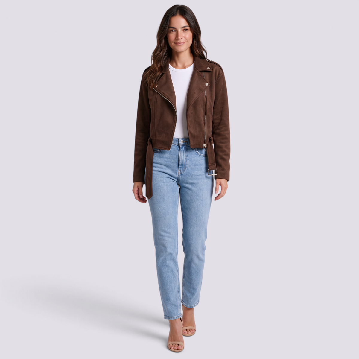 Chaqueta motera mujer efecto ante marrón con cinturón y solapas, vista frontal