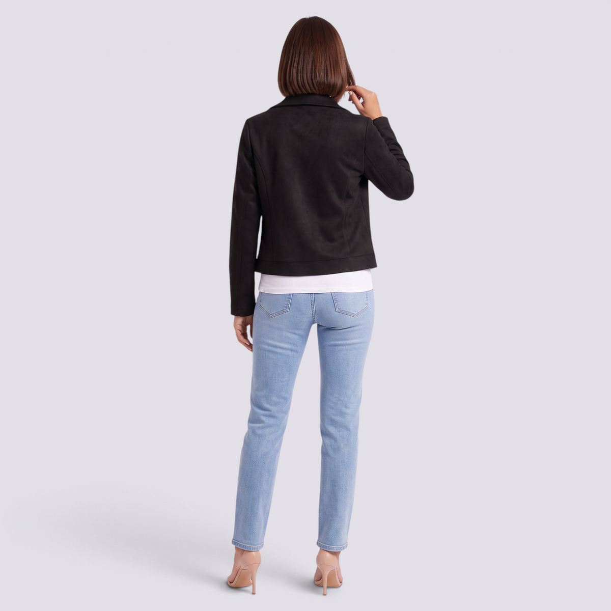 Chaqueta motera mujer efecto ante negra con solapas y cremallera, vista trasera